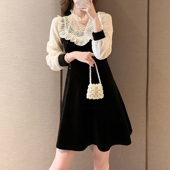 ドレス ワンピース レディース フレアワンピース S M L XL 韓国 ミニワンピース ミニ丈 膝上 袖あり 長袖 ハイネック フリル 透け感 パール かわいい 大人可愛い きれいめ エレガント 5,880円