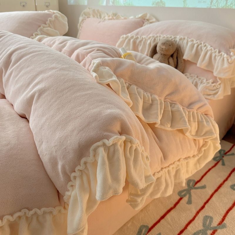プリンセス風ミルクレーヨン4点セット冬のコーラルレーヨンレース布団カバーシーツ両面加絨フランネル3点セット