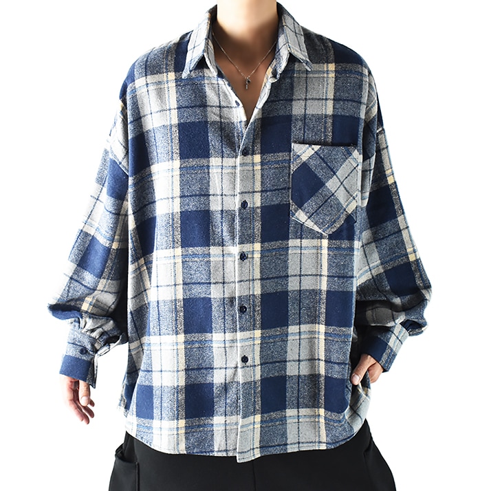 ネルシャツ メンズ 大きいサイズ 厚手 オーバーサイズ シャツ 長袖 オーバーサイズシャツ 長袖シャツ 起毛仕立て チェックシャツ チェック柄 ゆったり だぼ ダボダボ ドロップショルダー