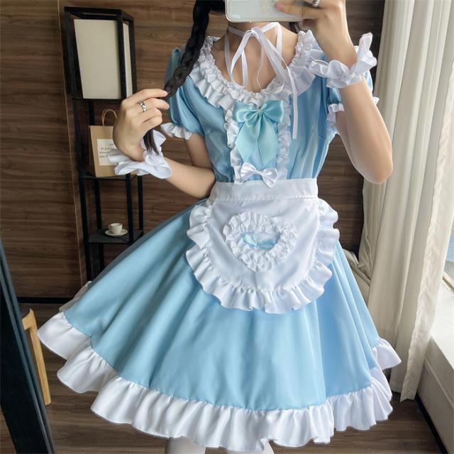 メイド服 ロリータ ワンピース コスチューム 飾り付き エプロン 髪飾り 腕飾り 文化祭 学園祭 メイドカフェ Lolita コスプレ衣装 アニメ 可愛い ブルー オーバーサイズ 大きいサイズ S/M