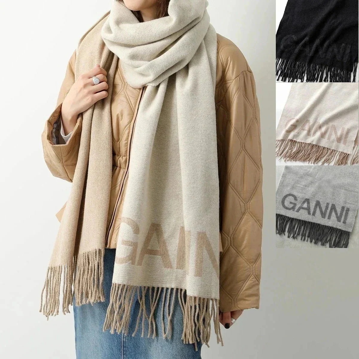 GANNI ガニー マフラー Fringed Wool Scarf A3905 A3909 5755 レディース ストール スカーフ ウール ロゴ フリンジ カ 【ts】