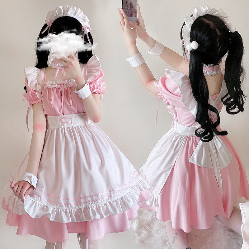 日本のピンクのメイド服 半袖 ロリメイド服 コスプレ アニメ コスカフェメイド服