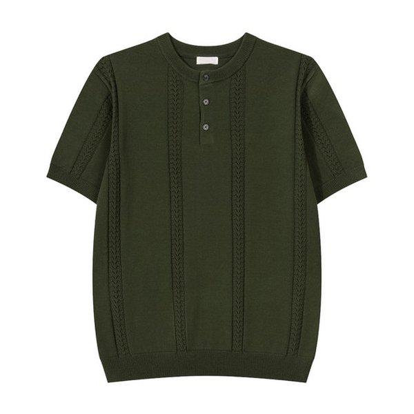 メンズプレミアムヘンリーネックラウンド半袖ニットTシャツ GN-KNH-Q012-カーキ