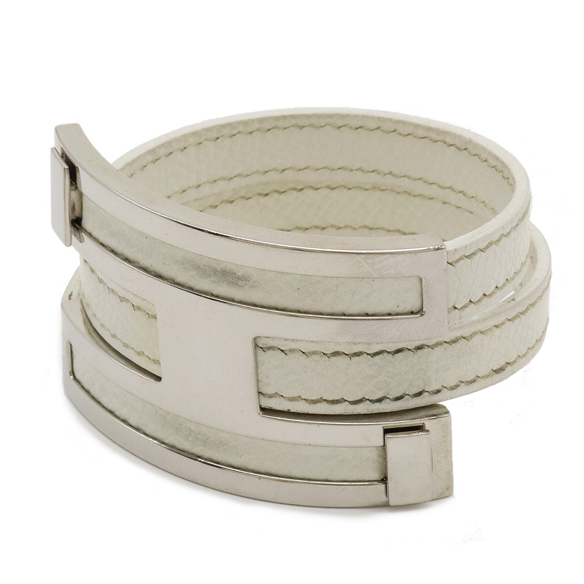 プスプス ブレスレット バングル Hモチーフ レザー メタル ホワイト 白 シルバー金具 J刻