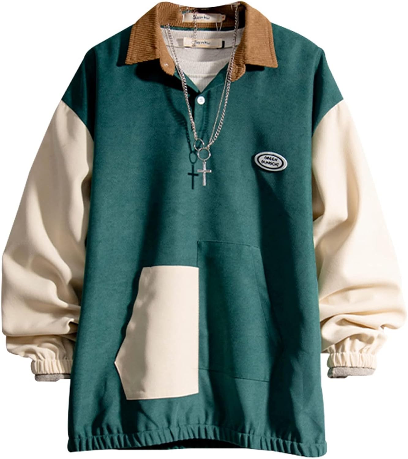 男性用 春物 長袖 パーカー 切り替え クラシック 個性的 折り襟 プルオーバー オシャレ 通気性 ストレッチ 体型パカー 秋服 トレーナー コンフォート 丈長め カジュアル シンプル ハン