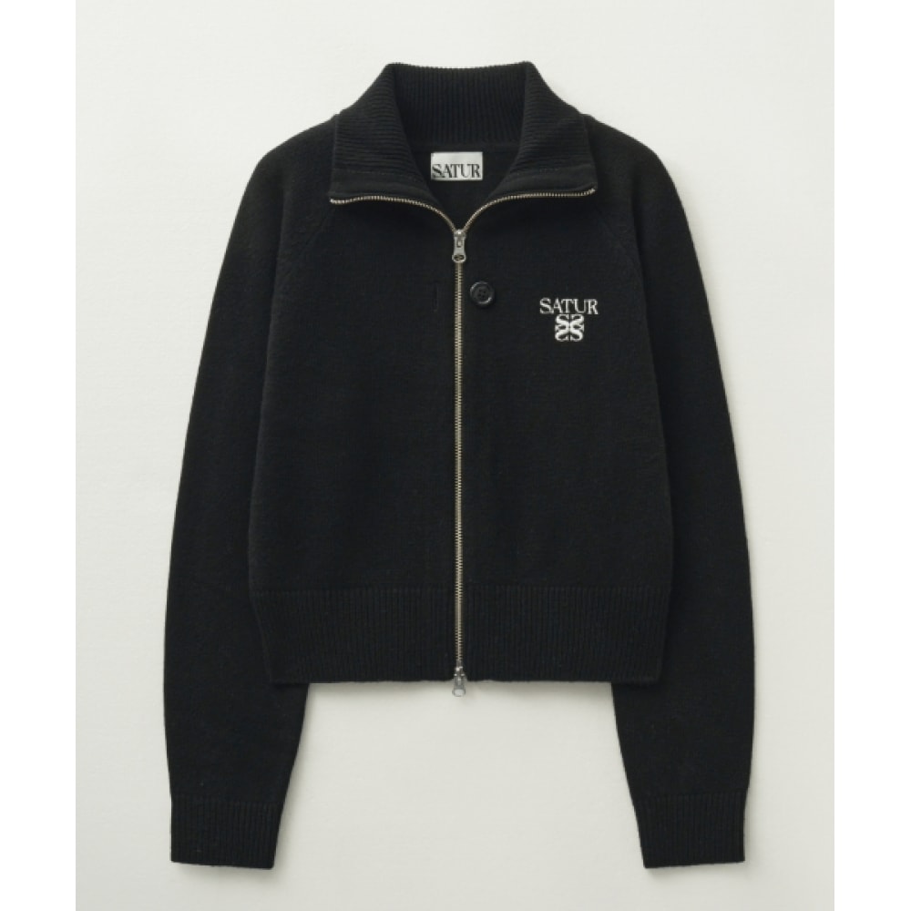 SATUR (W) シグネチャーロゴカシミアブレンドニットジップアップクラシックブラック