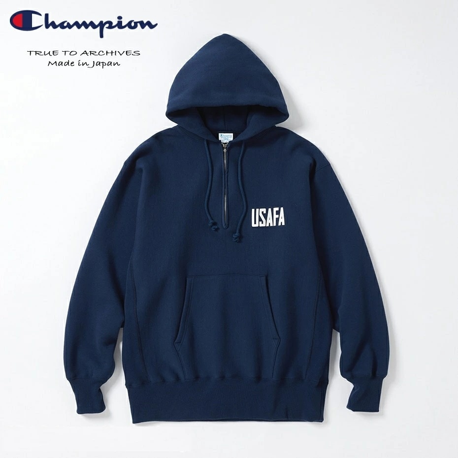 正規品 リバースウィーブ/R/ ハーフジップ フーデッド スウェット シャツ USAFA TRUE TO ARCHIVES ネイビー C3-A119 370
