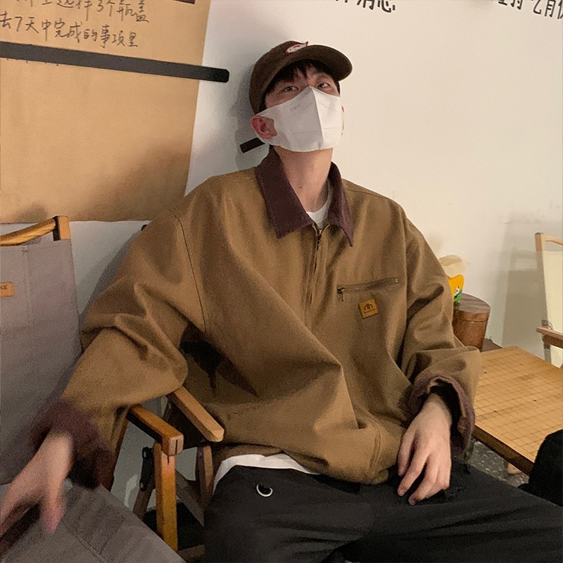 アメリカンレトロカレーブラウンラペルコートメンズの春と秋の摩耗シニアカップルシャツスタイルの作業服のジャケットの感覚