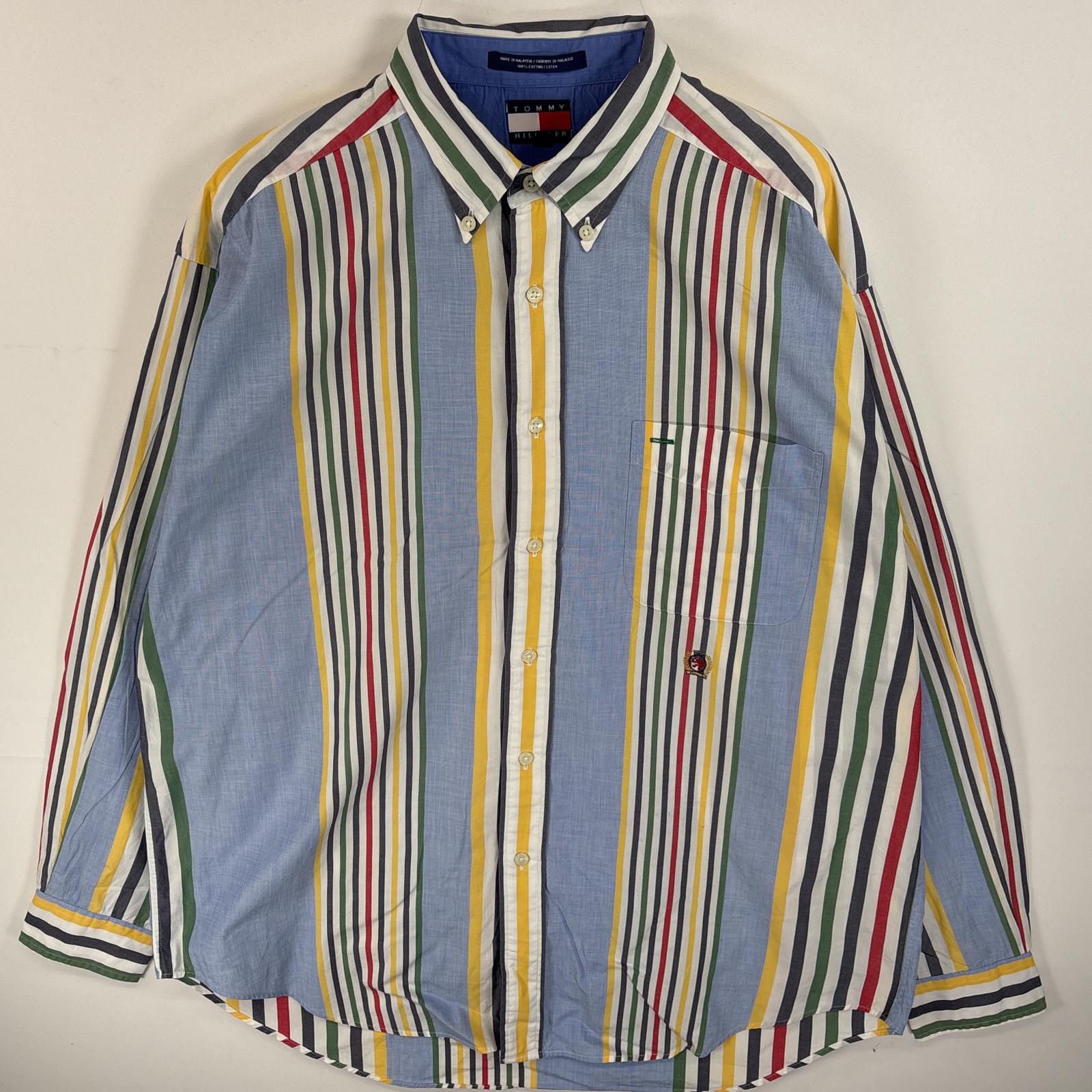古着 長袖シャツ ストライプ ボタンダウンシャツ ワンポイント 刺繍 ロゴ L 水色系 マルチカラー メンズ
