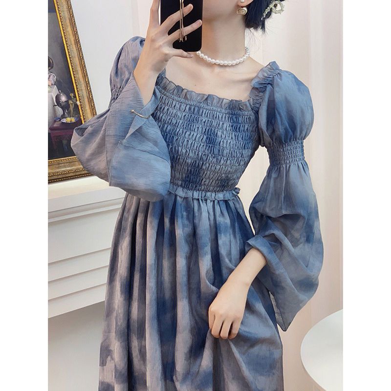 レトロプリンセススカートインクペインティングパレススカートスカートブルードレス女性ハイレベルのエプリコプテアドレススカート