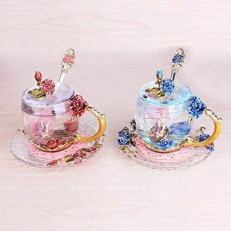 ガラス製ティーカップ 4点セット 薔薇 姫系 洋食器 コーヒーカップ ティーセット ゴージャス フェ