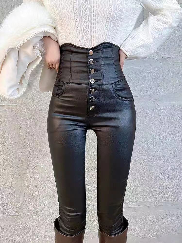 女性用ブラックスーパーハイウエストレザーパンツレギンス春秋アウターウェア2025弾性タイトコーティングpuスモールフットブーツパンツ