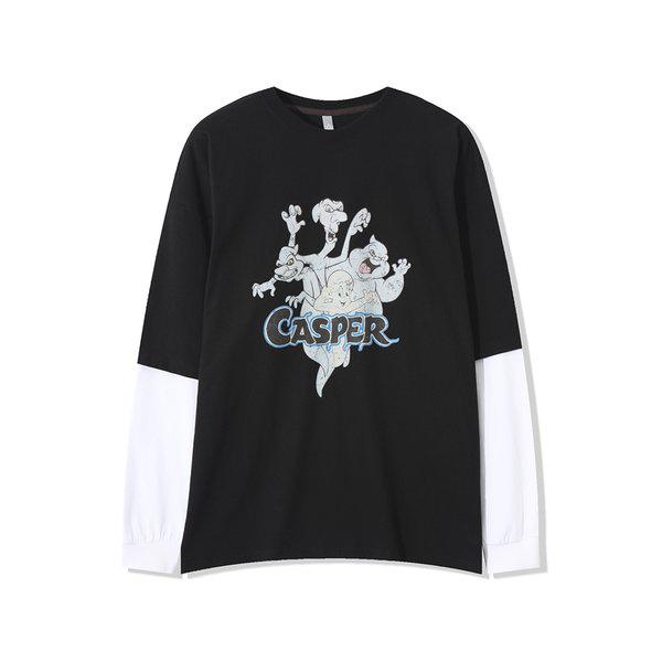 メンズ ゴーストプリント レイヤード長袖Tシャツ AC-TSA-Q062-ブラック