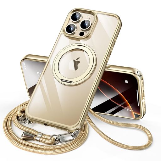IPHONE 16 PRO MAX 用 ケース ダブルリング付き ショルダー ストラップ付き 多機能360度回転スタンド MAGSAFE対応 ワイヤレス充電対応 耐衝撃 カメラレンズ保護 三眼 6.9