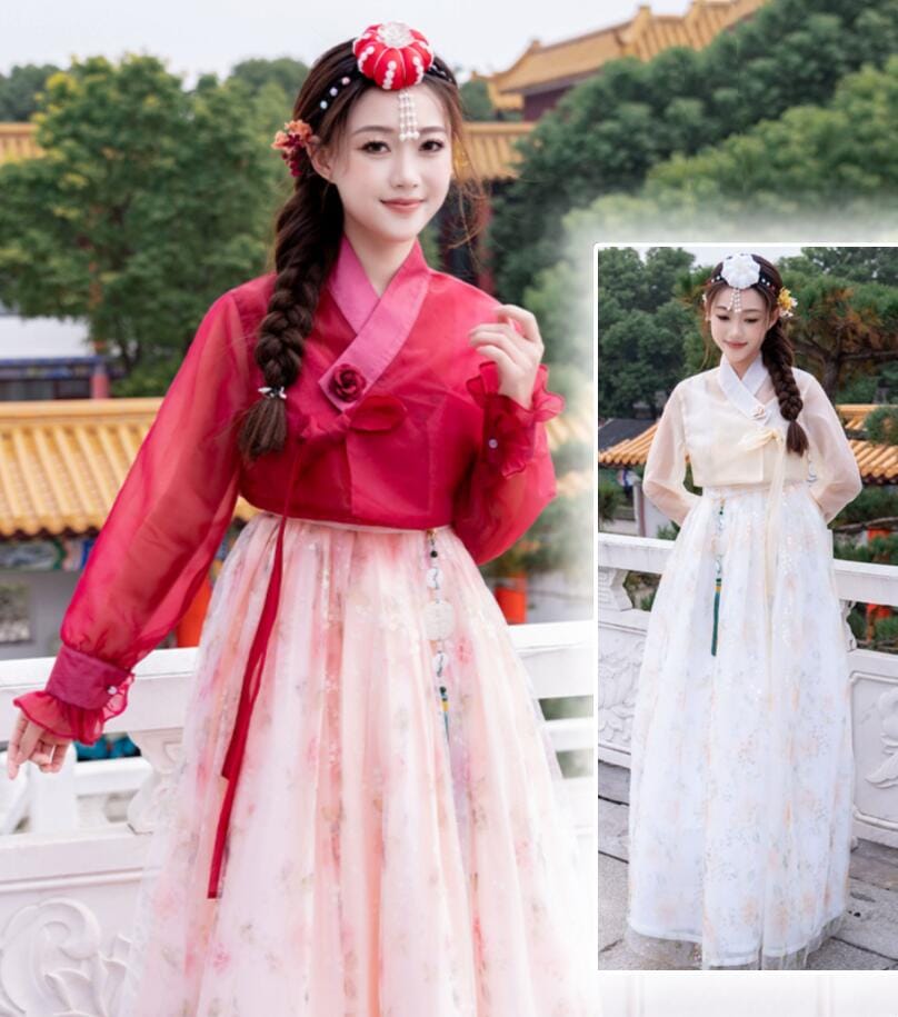 レディース 韓服 チマチョゴリ 女性 韓服 韓国服 ロング 韓流チュールドレス 精巧なプリント花柄 韓国宮廷風衣装 コスプレ イベント ハロウィン コスプレ衣装 韓服 学園祭 文化祭 撮影衣装