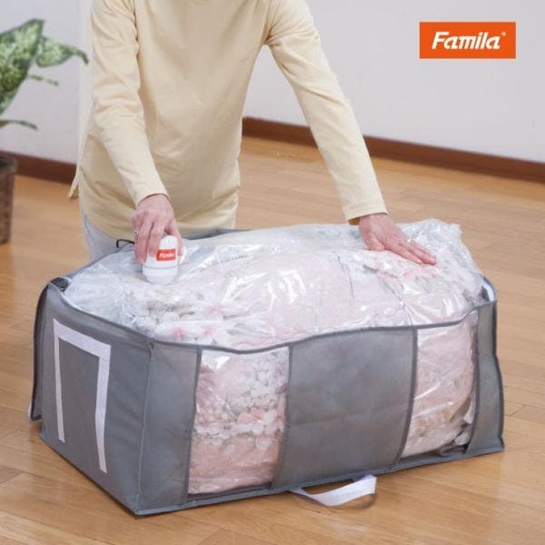 【メーカー直送品】圧縮袋 収納ボックス 一体型 掃除機不要 吸引布団 座布団 大型衣類 竹炭シート ファミラ 掃除機のいらない圧縮収納ボックス9点セット