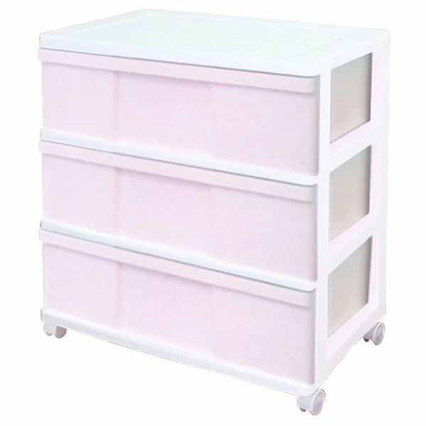 完成品 ワイド 収納ケース プラスチック 引き出し 3段 おしゃれ ホワイト／チェリーピンク
