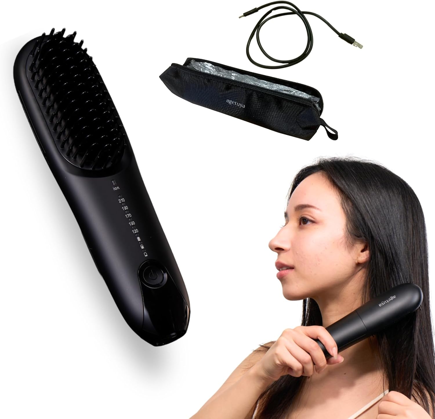 2024年登場QVC放送にて完売続出延長出先で使えるコードレスタイプ AGETUYA コードレスミニブラシアイロンプラス ブラック 耐熱ポーチ付き ブラシアイロン アイロンブラシ ヒートブラシ