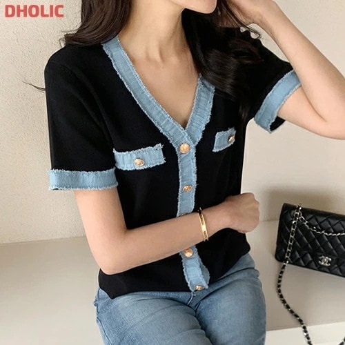 [メガ割りSALE]デニム配色ゴールドボタン半袖ニットカーディガン