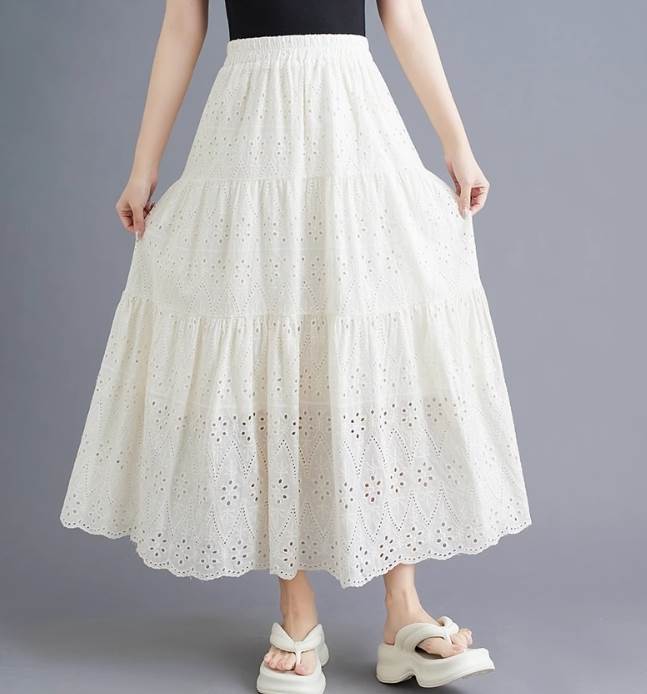 【送料無料】ふっくら レース 落ち感 ハイウエスト Aライン フレア ロング丈 ひざ下 夏 ロングスカート ティアード レディース ボトムス