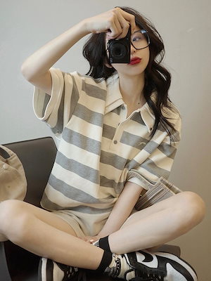韓国ファッション tシャツレディース半袖 リリーフカジュアル ゆったり ポロシャツ Vネック ストライプ ブラウス