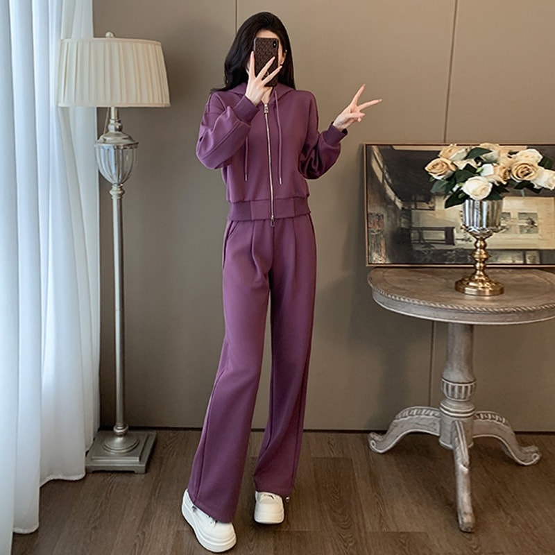 レディースカジュアルスポーツスーツ秋ゆったりジッパーカーディガンフード付きトレーナーレギンススウェットパンツ2点セット