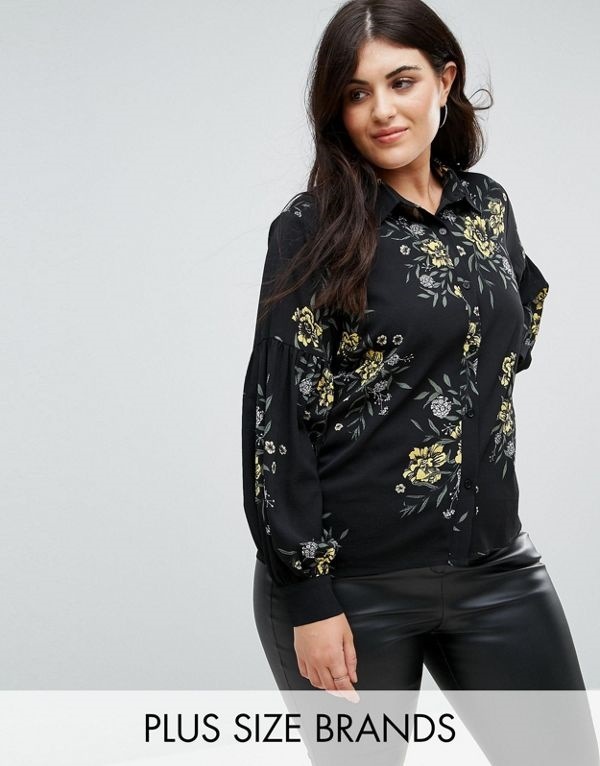 Fashion Union レディース 大きめサイズ ゆったりサイズ 送料無料 Black Plus Balloon Sleeve Shirt In Bold Floral Bloom Print