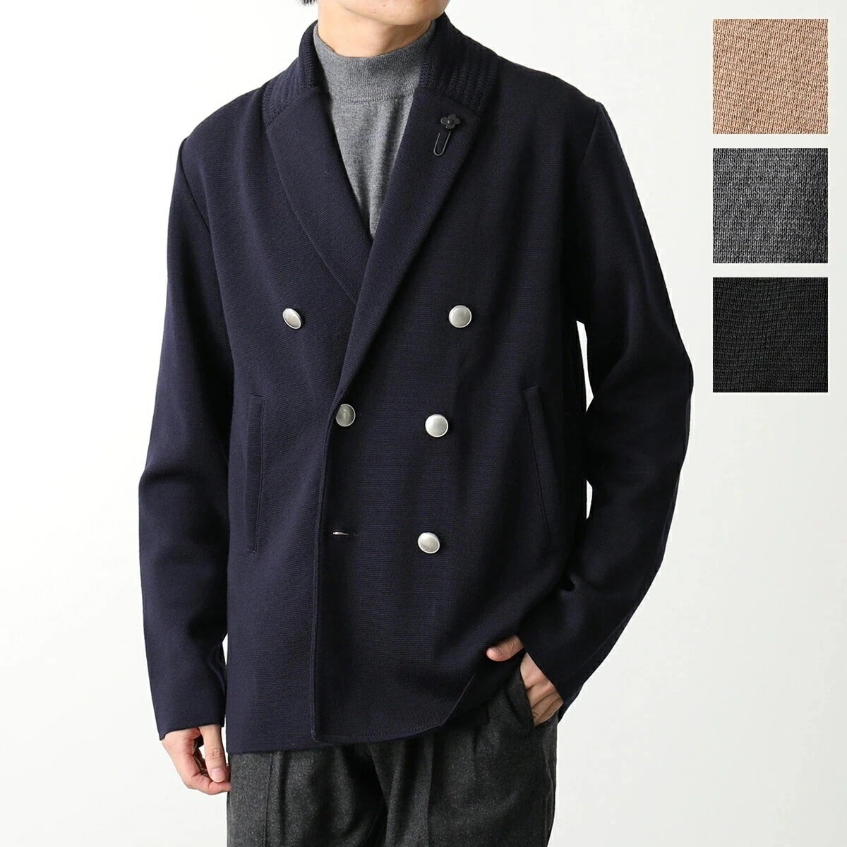 LARDINI ラルディーニ ニット ジャケット ITLJMP01 IT61000 メンズ ウール ダブルフロント ショールカラー メタルボタン ブートニエール