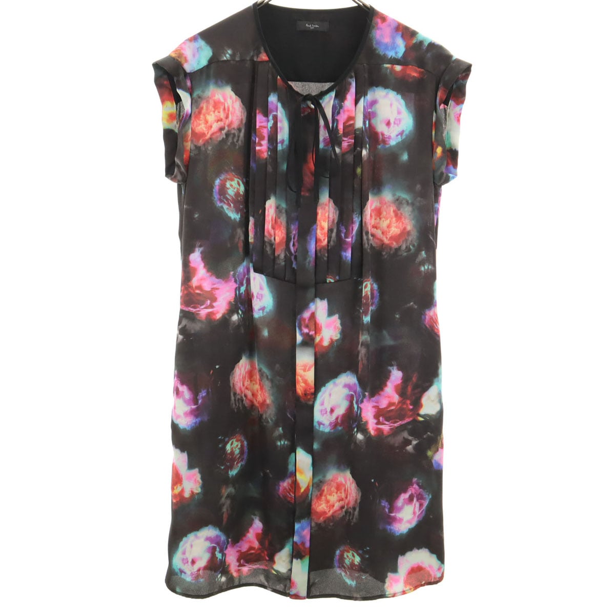 総柄 ノースリーブ ワンピース 40 ブラック バンドスリーブ レディース 古着