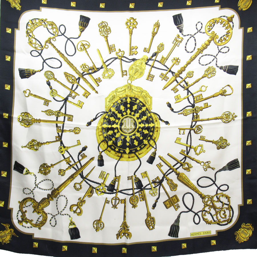 エルメス HERMES スカーフ カレ90 LES CLES 鍵 シルク ブラック×ホワイト×ゴールド レディース t19171a