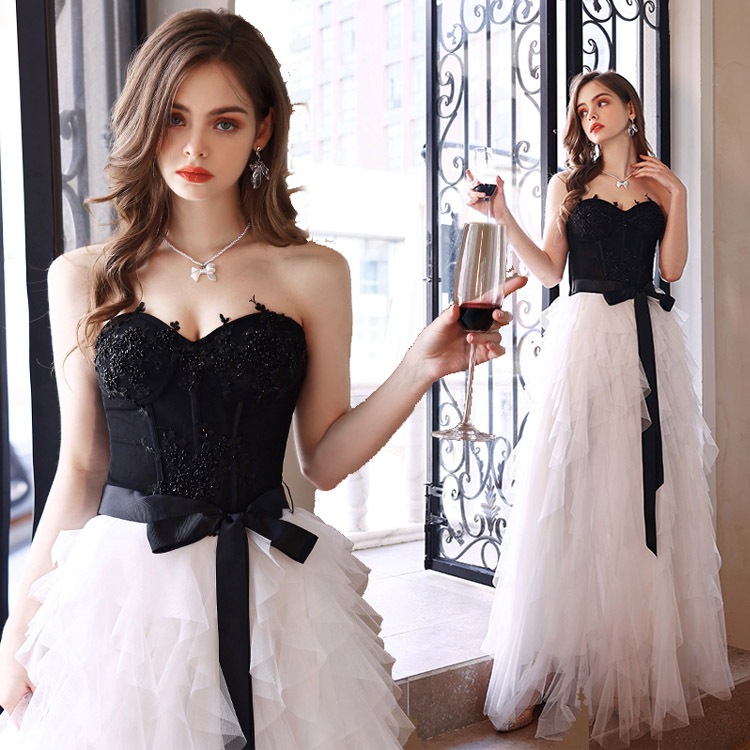 イブニングドレス 黒 ビスチェドレス 発表会ドレス ロングドレス レース ビーズ キレイめ ドッキング チュール ドレス 白 ロング 演奏会ドレス ノースリーブ パーティードレス Aライン