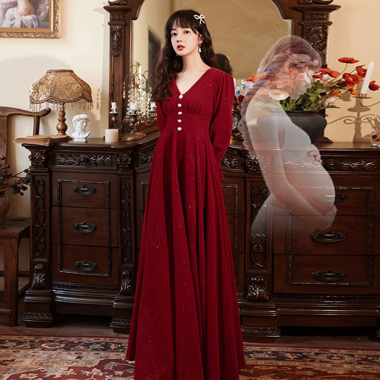 ウェア花嫁 2025 冬カバードアーム肥厚結婚妊婦ワインレッド婚約ドレス気質女性