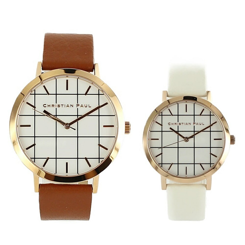 【ペア時計収納BOX付き】クリスチャンポール 腕時計 手表 ペアウォッチ メンズ レディース グリッド 格子柄 チェック ホワイト レザー 茶色 白色 天然皮革 GR-06GRL-03 誕生日プレゼン