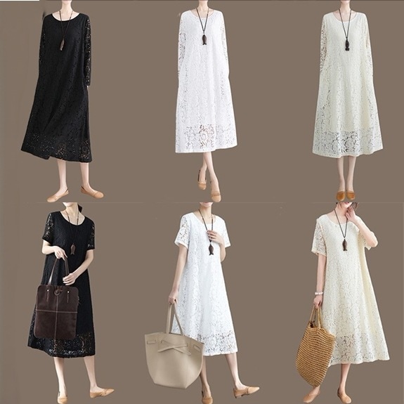レディース ワンピース ドレス ミモレ ロング 半袖 長袖 ラウンドネック クルーネック Aライン フェミニン レース 透け感 かわいい 大人可愛い きれいめ シンプル カジュアル 上品 おしゃれ