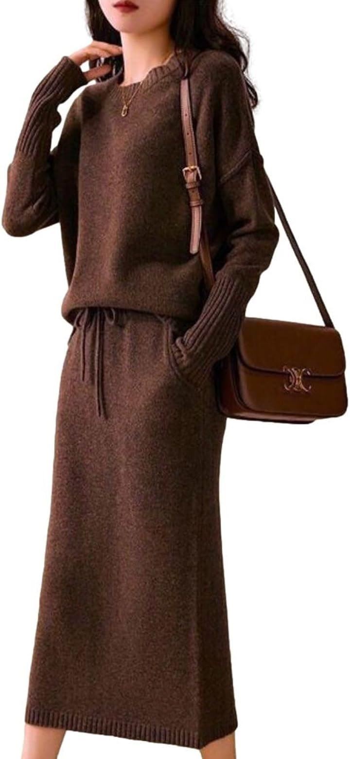 ブルーベリル セットアップ レディース ニット プルオーバー スカート ミモレ丈 Iライン 長袖 ラウンドネック (ブラウン, M)