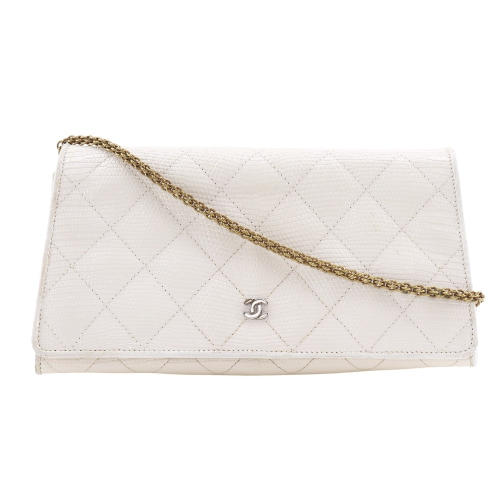 チェーンショルダー マトラッセ ココマーク ショルダーバッグ リザード 白 レディース 中古品