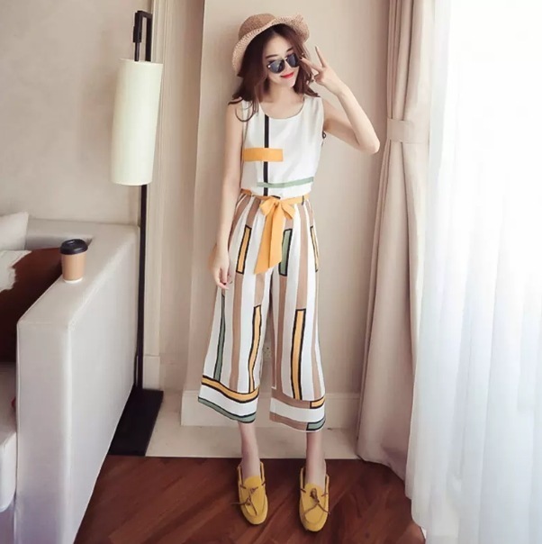 セットアップ プルオーバー クロップドパンツ 9分丈 ノースリーブ クルーネック デザイン 美ライン ニュアンス ベルト ウエストマーク 2点セット ツーピース お得 2点セット スタイルアップ