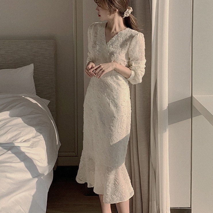 ワンピース フレアワンピース ワンピドレス ミモレ ミモレ丈 袖あり 長袖 Vネック マーメイド レース 透け感 かわいい 大人可愛い きれいめ カジュアル 大人 上品 おしゃれ お洒落 大人女子