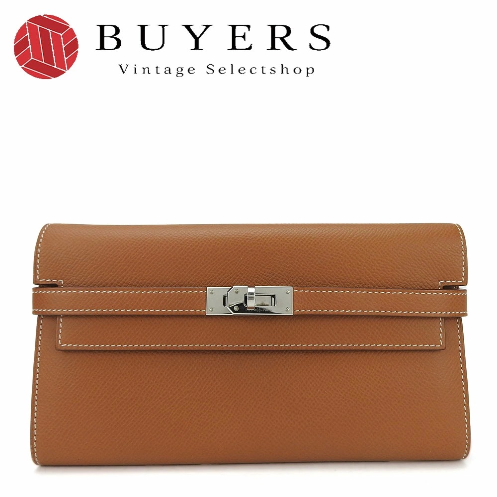 中古 エルメス 長財布 ケリーウォレット D刻印 ヴォーエプソン ゴールド エレガント シルバー金具 小物 普段使い メンズ レディース 男性 女性 HERMES long wallet gold