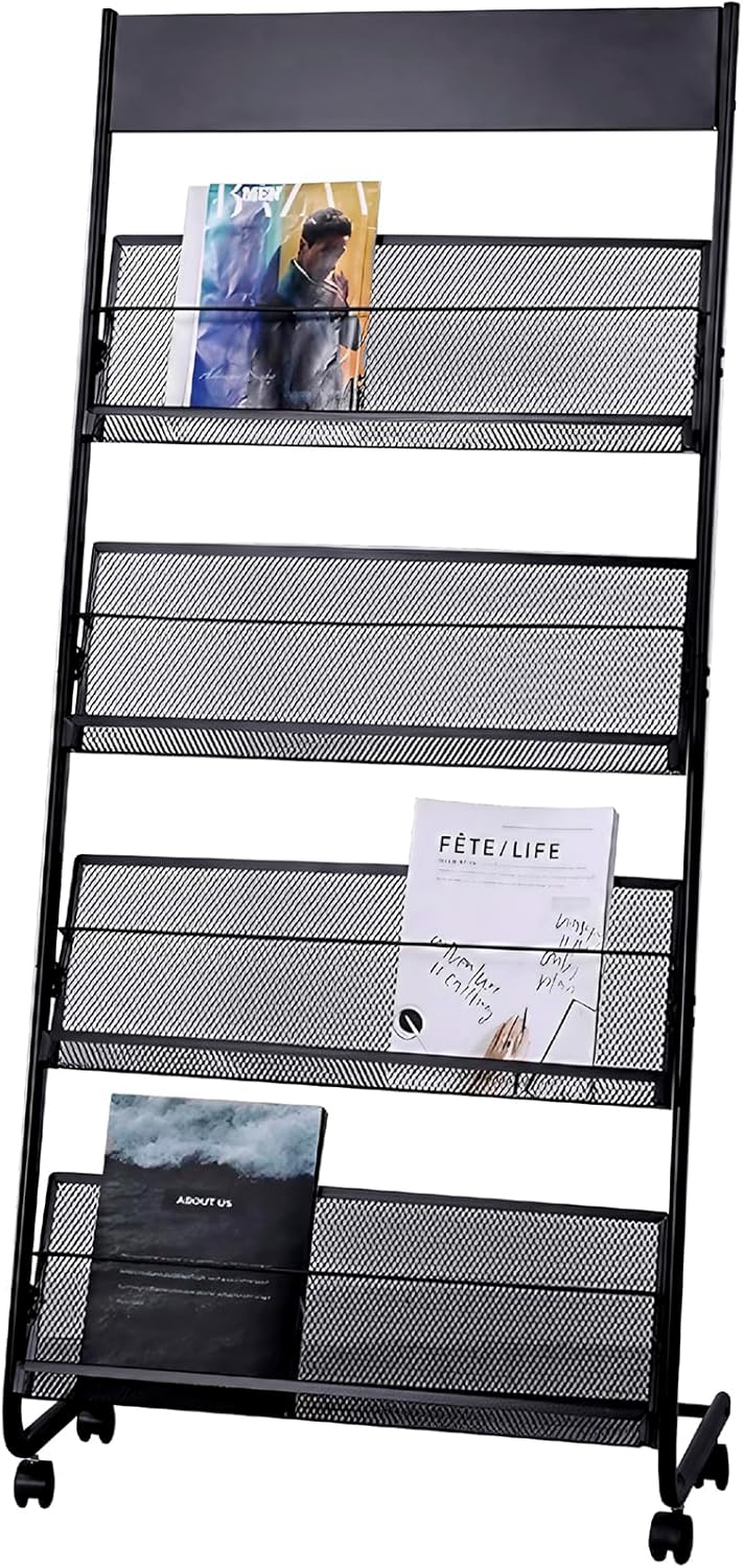 MIKISHO マガジンラック マガジンスタンド カタログスタンド パンフレットスタンド パンフレットラック (ブラック, 車輪タイプ)