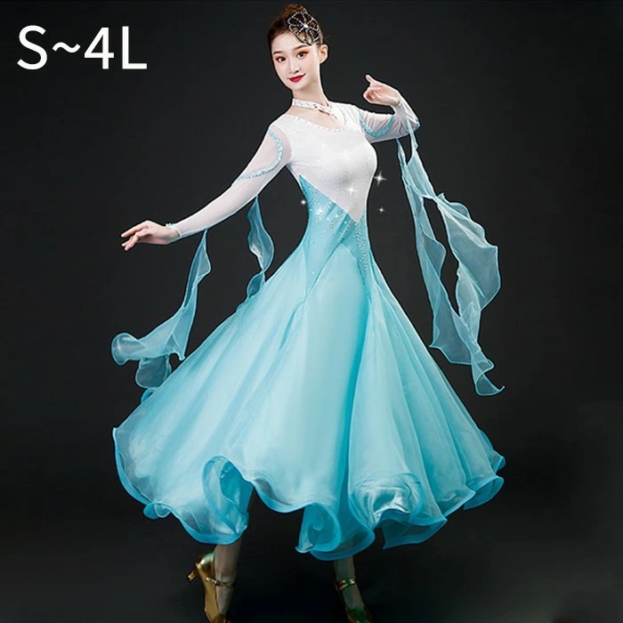 社交ダンスドレス 社交ダンス 社交ダンス衣装 モダンドレス 大きいサイズ 長袖 大きい裾 スタンダードドレス ワルツダンス ワンピースドレス ダンス衣装 ダンスウェア ステージ衣装 競技会 パーティー