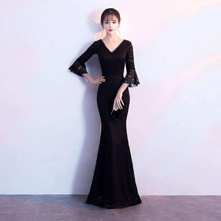 お早めに！ドレス 大人 ピアノ 発表会 演奏会用ドレス ロングドレス 演奏会 イブニングドレス 結婚式 母親 ピアノ発表会 中学生 パーティードレス 発表会ドレス 黒 高校生 コンクール ロング 袖付