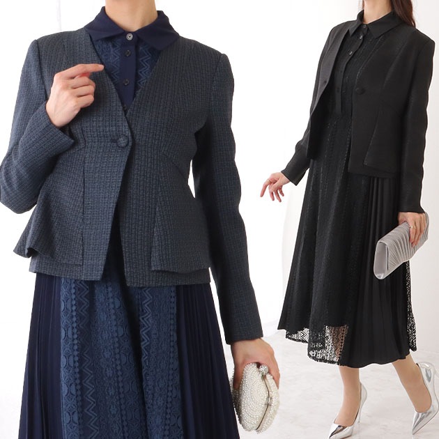 ノーカラー ジャケット付き レース シャツ ワンピース 女性 レディース スカート 春 夏 秋 冬 セレモニー レセプション フォーマル 単色 無地 エレガント 透け感 シアー フェミニン ドレッシー