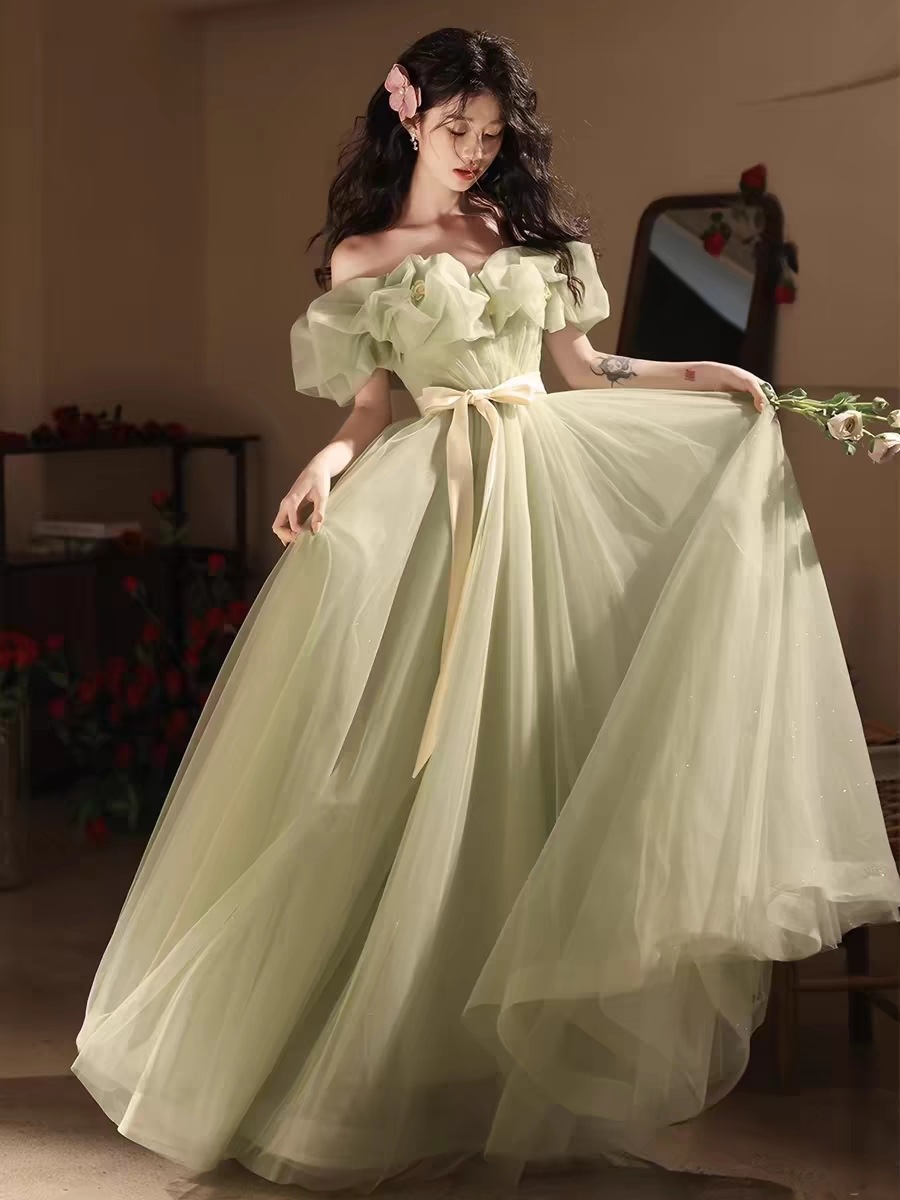 ウェディングドレス グリーン パーティードレス オフショルダー 花嫁ロングドレス 簡約 結婚式 二次会 レース お呼ばれ 挙式 姫系