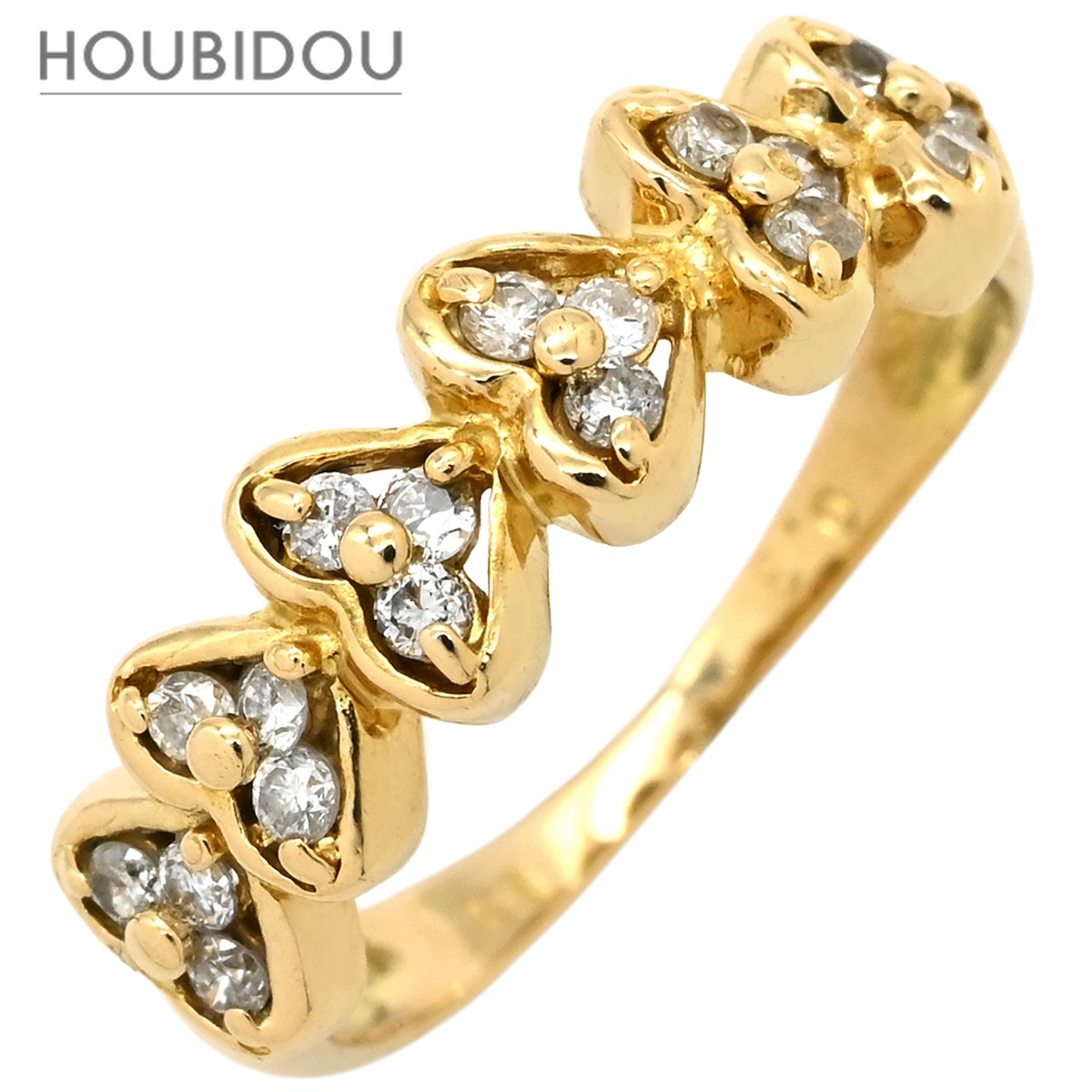リング 指輪 ダイヤ 0.3ct イエローゴールド Au750 18K 18金 メレダイヤ 18P 18石 18粒 ハートモチーフ 一文字デザイン 11号【中古】