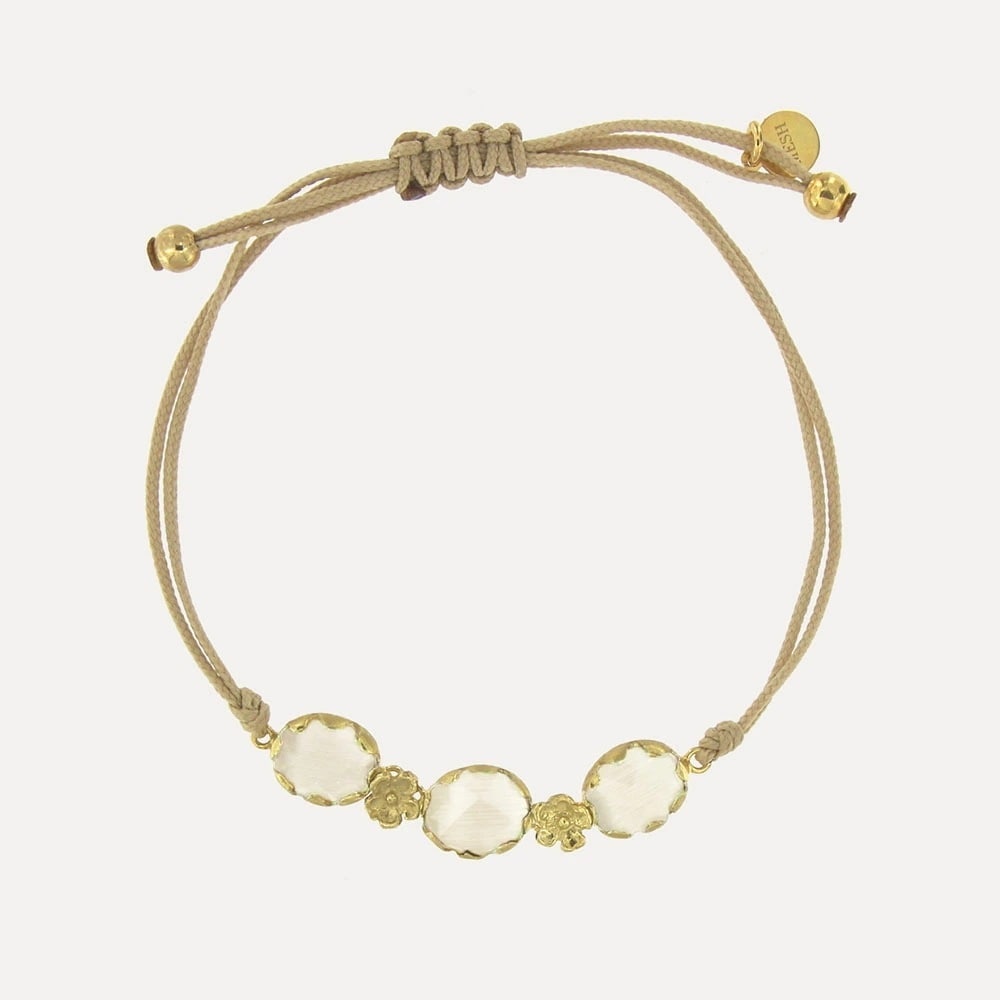 MESH ストーン＆フラワーブレスレット【ホワイト】シルバー925 18Kゴールドコート Gold Bracelet ギフトBOX入り ジュエリークロス付き ハンドメイド ポル