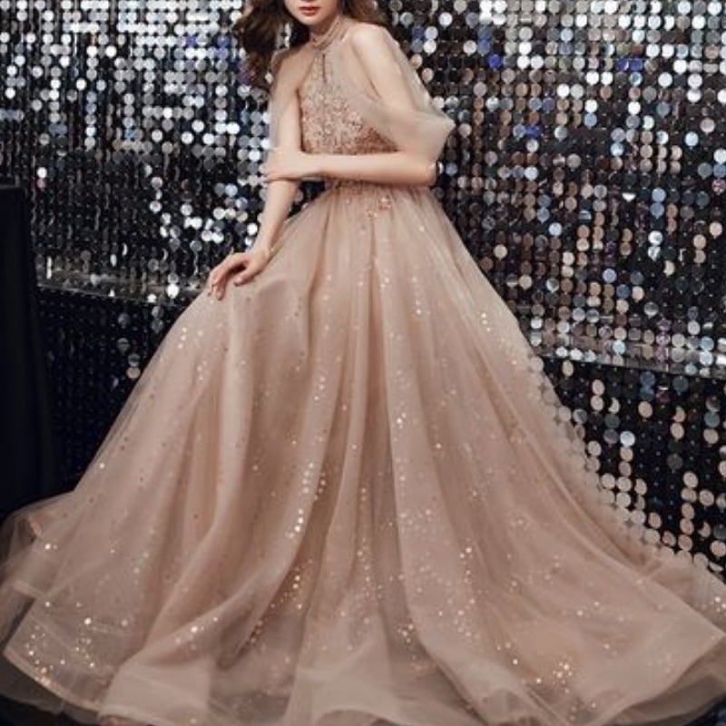 ドレス パーティー 披露宴 演奏会 ステージ 舞台 フォーマル 謝恩会 ロング マキシ 袖なし ノースリーブ ショール ホルターネック オフショル 襟なし プリンセスライン フレア イブニング レース 10,202円