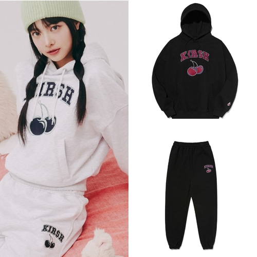 [ルセラフィムホンウンチェ着用 (CROP or REGULAR) ARCH CHERRY LOGO SWEAT SET-UP [BLACK] 韓国ファッション 大学生ファッション