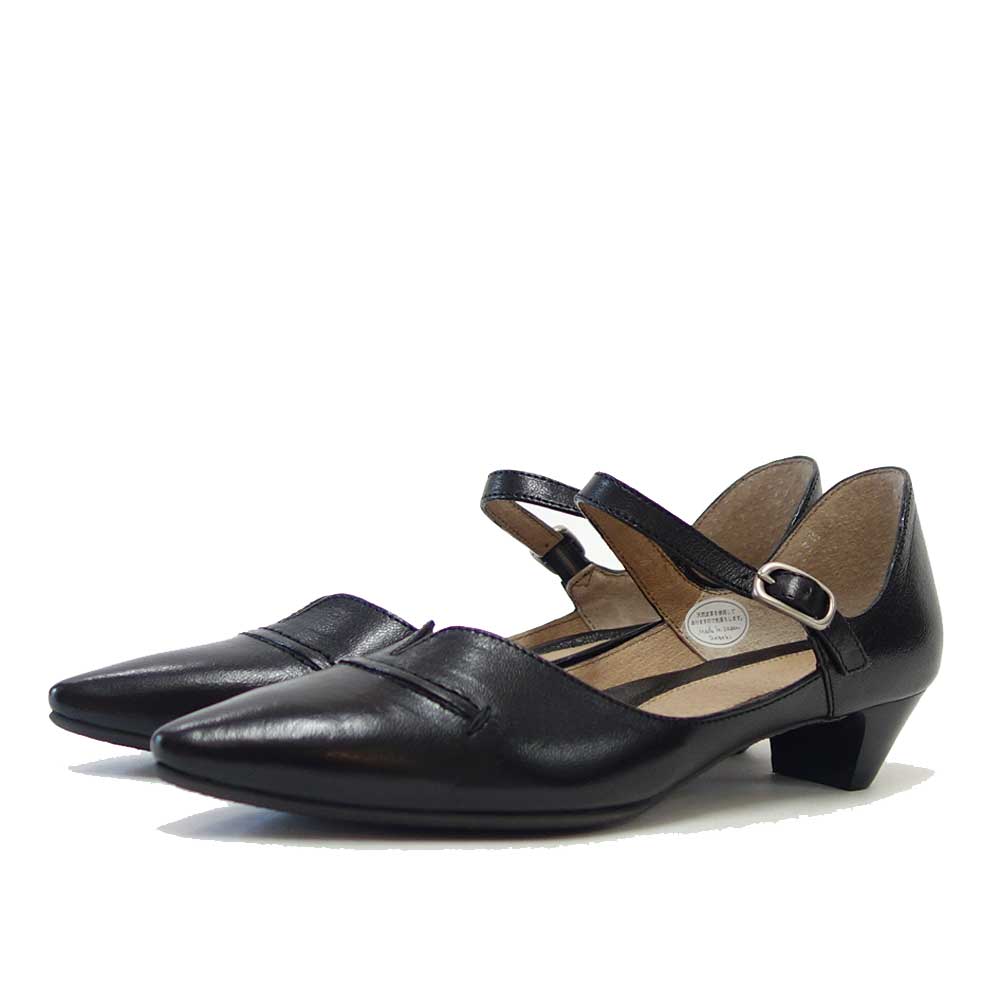 12683 ブラック ベルトミュール ポインテッドパンプス シープレザー 3.5cmヒール アンクルストラップ