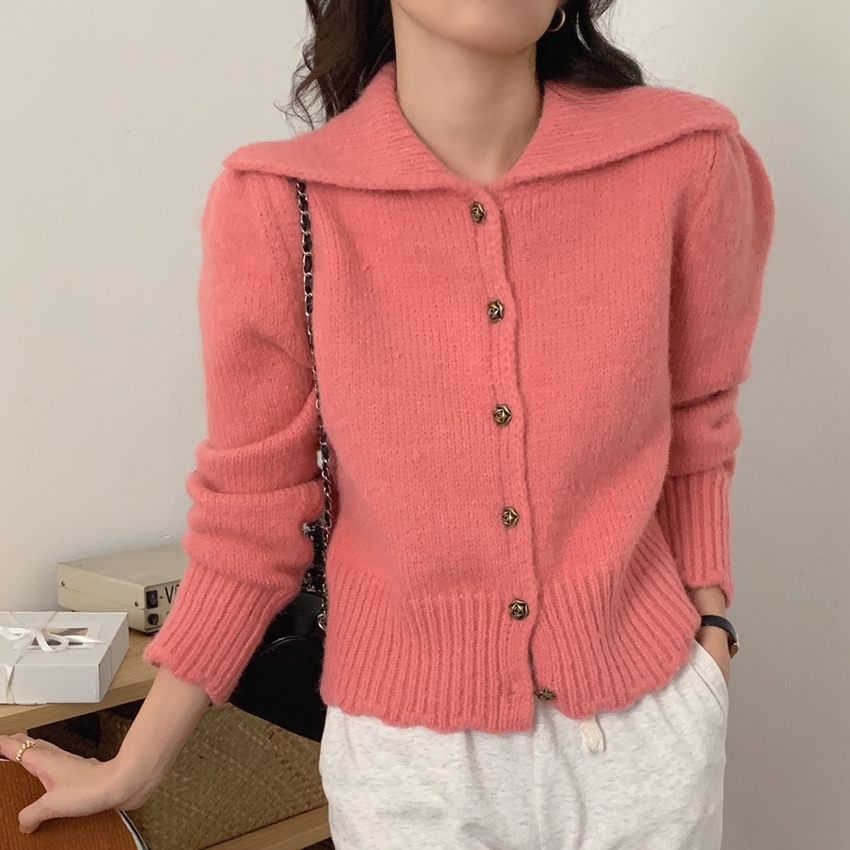 ビックカラー 大きめ襟 装飾ボタン ローズ型 小顔見せ トップス セーター カーディガン